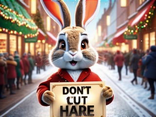 (((masterpiece))), ((Angry rabbit)), (((holding a sign with the text: "Dont cut your hare"))), ((background:rabbits protesting with signs)), complex 3d render, intricate reflections, ultra-detailed, HDR, Hyperrealism, Panasonic Lumix s pro 50mm, 8K, octane rendering, raytracing, (((professional photography))), high definition, photorealism, hyper-realistic, bokeh, depth of field, dynamically backlit,  studio, vibrant details, ((professional Color grading)), photorealistic ,detailmaster2,photorealistic, sharp edges,  sharp focus ,christmas,happy_christmas_background,aw0k euphoric style,Text