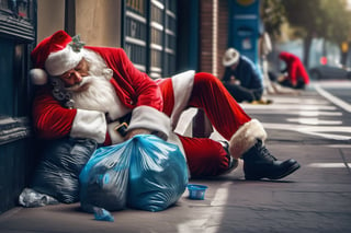 (((masterpiece))), (((extremely depressing scene of homeless santa claus sleeping on the sidewalk of los angelos))), (HIS SANTA SUIT IS DIRTY), (depressing scene of HOMELESS SANTA CLAUS digging into the trash cans looking for food), (it is a gothic scene of despair),  complex 3d render, intricate reflections, ultra-detailed, HDR, Hyperrealism, Panasonic Lumix s pro 50mm, 8K, octane rendering, raytracing, (((professional photography))), high definition, photorealism, hyper-realistic, bokeh, depth of field, dynamically backlit, studio, vibrant details, ((professional Color grading)), photorealistic , monster,,,monsterdiversity",darkart,DonMn1ghtm4reXL