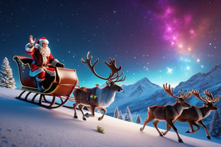 (((masterpiece))), (((Santa Claus Waving Goodbye To 2023 while flying away in his sleigh pulled by 10 reindeer into the star cast night))), it is a beautiful night with comets in the sky and colorful stars twinkling in the background, complex 3d render, intricate reflections, ultra-detailed, HDR, Hyperrealism, Panasonic Lumix s pro 50mm, 8K, octane rendering, raytracing, (((professional photography))), high definition, photorealism, hyper-realistic, bokeh, depth of field, dynamically backlit, studio, vibrant details, ((professional Color grading)), photorealistic , monster,,,monsterdiversity"