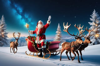 "(((masterpiece))), (((Santa Claus Waving Goodbye To 2023 while flying away in his sleigh pulled by 10 reindeer into the star cast night))), ((Santa Claus smiling at the camera)), it is a beautiful night with comets in the sky and colorful stars twinkling in the background, complex 3d render, intricate reflections, ultra-detailed, HDR, Hyperrealism, Panasonic Lumix s pro 50mm, 8K, octane rendering, raytracing, (((professional photography))), high definition, photorealism, hyper-realistic, bokeh, depth of field, dynamically backlit, studio, vibrant details, ((professional Color grading)), photorealistic , monster,,,monsterdiversity"