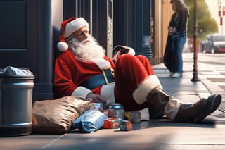 (((masterpiece))), (((extremely depressing scene of homeless santa claus sleeping on the sidewalk of los angelos))), (HIS SANTA SUIT IS DIRTY), (depressing scene of HOMELESS SANTA CLAUS digging into the trash cans looking for food), (it is a gothic scene of despair),  complex 3d render, intricate reflections, ultra-detailed, HDR, Hyperrealism, Panasonic Lumix s pro 50mm, 8K, octane rendering, raytracing, (((professional photography))), high definition, photorealism, hyper-realistic, bokeh, depth of field, dynamically backlit, studio, vibrant details, ((professional Color grading)), photorealistic , monster,,,monsterdiversity",darkart,DonMn1ghtm4reXL