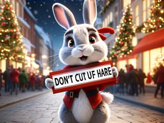 (((masterpiece))), ((Angry rabbit)), (((holding a sign with the text: "Dont cut your hare"))), ((background:rabbits protesting with signs)), complex 3d render, intricate reflections, ultra-detailed, HDR, Hyperrealism, Panasonic Lumix s pro 50mm, 8K, octane rendering, raytracing, (((professional photography))), high definition, photorealism, hyper-realistic, bokeh, depth of field, dynamically backlit,  studio, vibrant details, ((professional Color grading)), photorealistic ,detailmaster2,photorealistic, sharp edges,  sharp focus ,christmas,happy_christmas_background,aw0k euphoric style,Text