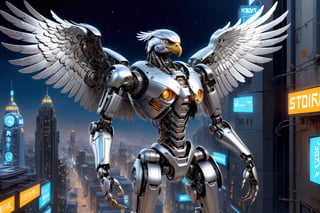 8k, hyperrealism,photorealistic painting, studio quality, silver  eagle shaped robot,  fullbody,  very detailed delicate micro mechanical body parts,  (close up),  intricate ,flying on top of a sci-fi city, nightime texture