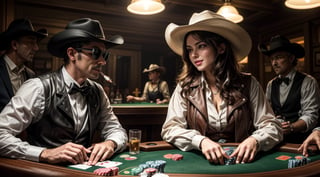 an old timey western saloon with a bar and a poker table, photo-realistic, ultra detailed, ultra-wide, volumetric lighting, cinematic, photorealistic, 16k HDR rendering, vfx, ultra realistic, 8k, cinematic lightning, hyper realistic  --q 5 --ar 16:9 --v 3, dancing saloon girls in background, 1 girl sitting on poker table with 4 gangsters, laying down her cards, all dirty and dusty, sand, dessert, she wears a brown leather vest, white blouse, open buttons, cowboy hat, small old fashioned sunglasses on the tip of her nose, in one hand a glass with whiskey, in the other hand cards,a royal flush, with winning smile, detailed face, detailed hands, detailed teeth, detailed nose, detailed green eyes, smoky atmosphere, smoke in air, cigares, dark setting, long heavy jackets