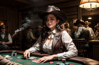 an old timey western saloon with a bar and a poker table, photo-realistic, ultra detailed, ultra-wide, volumetric lighting, cinematic, photorealistic, 16k HDR rendering, vfx, ultra realistic, 8k, cinematic lightning, hyper realistic  --q 5 --ar 16:9 --v 3, dancing saloon girls in background, 1 girl sitting on poker table with 4 gangsters, laying down her cards, all dirty and dusty, sand, dessert, she wears a brown leather vest, white blouse, open buttons, cowboy hat, small old fashioned sunglasses on the tip of her nose, in one hand a glass with whiskey, in the other hand cards,a royal flush, with winning smile, detailed face, detailed hands, detailed teeth, detailed nose, detailed green eyes, smoky atmosphere, smoke, cigares, dark setting, long heavy jackets