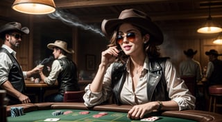 an old timey western saloon with a bar and a poker table, photo-realistic, ultra detailed, ultra-wide, volumetric lighting, cinematic, photorealistic, 16k HDR rendering, vfx, ultra realistic, 8k, cinematic lightning, hyper realistic  --q 5 --ar 16:9 --v 3, dancing saloon girls in background, 1 girl sitting on poker table with 4 gangsters, laying down her cards, all dirty and dusty, sand, dessert, she wears a brown leather vest, white blouse, open buttons, cowboy hat, small old fashioned sunglasses on the tip of her nose, in one hand a glass with whiskey, in the other hand cards,a royal flush, with winning smile, detailed face, detailed hands, detailed teeth, detailed nose, detailed green eyes, smoky atmosphere, smoke in air, cigares, dark setting, long heavy jackets