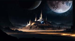 best quality, masterpiece, illustration, an extremely delicate and beautiful, extremely detailed , (realistic, photo-realistic:1.37), photorealistic, amazing, finely detail, masterpiece,best quality, huge filesize, ultra-detailed, highres, extremely detailed, highly detailed background, wide scene, unknown planet, stars, moon, other planets on horizon, colourful lighting, alien building, extreme beautiful desktop background