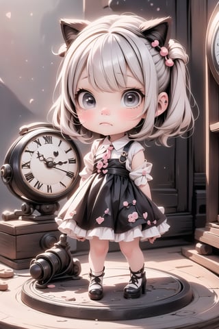 a cute (chibi) girl looking a clock, ((disgusted look)), pumps