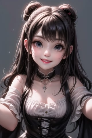 a cute loli goth girl smiling, hair accesories, choke, dynamic pose, photoshoot, looking at viewer,