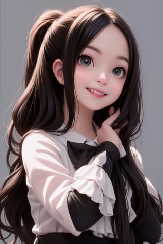 a cute loli goth girl smiling, hair accesories, choke, dynamic pose, photoshoot, looking at viewer,