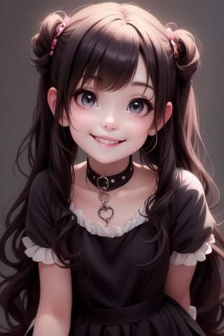 a cute loli goth girl smiling,  hair accesories,  choke,  dynamic pose,  photoshoot,  looking at viewer,