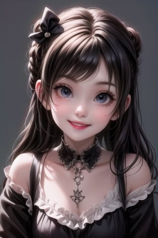 a cute loli goth girl smiling,  hair accesories,  choke,  dynamic pose,  photoshoot,  looking at viewer,