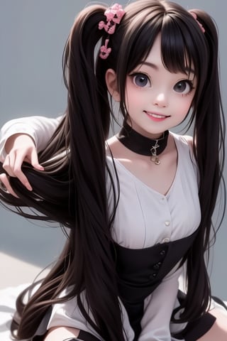 a cute loli goth girl smiling, hair accesories, choke, dynamic pose, photoshoot, looking at viewer,