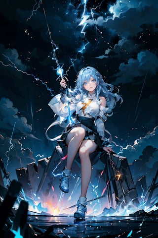 1girl,small breast,{bare knee},best quality,highly detailed,{{masterpiece}},ultra-detailed,illustration,{{{hiten}}},Depth of field,wind lift,very long hair,beautiful detailed eyes,{{{a mechanical arm}}},{surrounded lightning magiccircle},light blue eyes,beautiful detailed eyes,gorgeous, cowboy shot,{looking at viewer},{strong light on body},{{Iridescence hair}},{{{watercolor_(medium)}}},glowing circle pupils,sitting,floating hair,{pleated_skirt},{{{{lightning bolt hair ornament_glowing}}}},blue hair,burningsky,{{tareme}},{{{holding  lightning _glowing_huge}}},lightningeffect,{{detailed electricity surrounded}},{electricity},{Burnoneselfinflames},lightning dark clouds, 