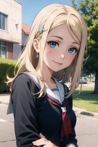 best quality,masterpiece,extremely detailed CG unity 8k wallpaper,official art, (Realistic:1.2),1girl,solo,blue eyes, hair ornament, blonde hair, long hair, small breasts,School uniforms,outdoors,smile,looking at the viewer, ayase arisa