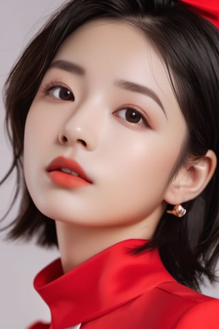 Best quality, high details, high resolution, HD, 16k,Close-up photo of shoulder-length short black hair girl in suit uniform, ultraclear, Flawless and delicate face, True delicate skin, big breasts beautiful, Delicate and clear eyes, Look at the screen, Simple, (simple Red background),xxmix_girl