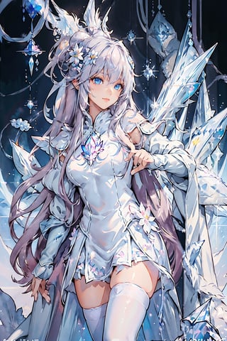 masterpiece,{{{best quality}}},(illustration)),{{{extremely detailed CG unity 8k wallpaper}}},game_cg,(({{1girl}})),{solo}, (beautiful detailed eyes),((shine eyes)),goddess,fluffy hair,messy_hair,ribbons,hair_bow,{flowing hair}, (glossy hair), (Silky hair),((white stockings)),(((gorgeous crystal armor))),cold smile,stare,cape,(((crystal wings))),((grand feathers)),((altocumulus)),(clear_sky),(snow mountain),((flowery flowers)),{(flowery bubbles)},{{cloud map plane}},({(crystal)}),crystal poppies,({lacy}) ({{misty}}),(posing sketch),(Brilliant light),cinematic lighting,((thick_coating)),(glass tint),(watercolor),(Ambient light),long_focus,(Colorful blisters),ukiyoe style,