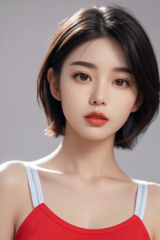 Best quality, high details, high resolution, HD, 16k,Close-up photo of shoulder-length short black hair girl in suit uniform, ultraclear, Flawless and delicate face, True delicate skin, big breasts beautiful, Delicate and clear eyes, Look at the screen, Simple, (simple Red background),xxmix_girl