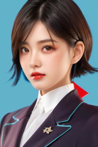 Best quality, high details, high resolution, HD, 16k,Close-up photo of shoulder-length short black hair girl in suit uniform, ultraclear, Flawless and delicate face, True delicate skin, big breasts beautiful, Delicate and clear eyes, Look at the screen, Simple, (simple Red background),arcane style,JinxLol,fashigirl, 