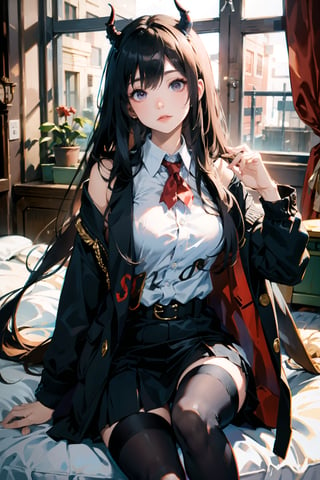 masterpiece,best quality,
tutugp
1girl, long hair, solo, lying,on bed, thighhighs, skirt, looking at viewer,  sleeveless, black skirt, window,  shirt, coat, zettai ryouiki, very long hair, black thighhighs, bangs, parted bangs, pencil skirt, demon horns, knee up, sleeveless shirt, white shirt, indoors, night, forehead, hair spread out, belt, miniskirt, 