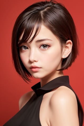 Best quality, high details, high resolution, HD, 16k,Close-up photo of shoulder-length short black hair girl in suit uniform, ultraclear, Flawless and delicate face, True delicate skin, big breasts beautiful, Delicate and clear eyes, Look at the screen, Simple, (simple Red background),perfecteyes