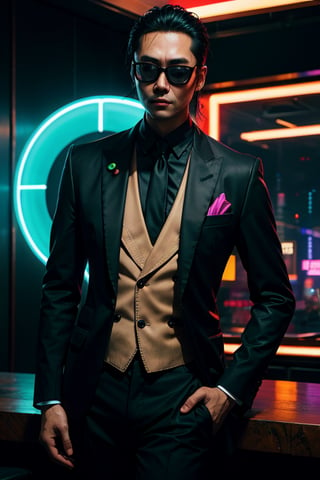  
40 years old asiatic male, corpo 3 piece suit cyberpunk outfit, cyberpunk lounge background, stunning neon lights, black sun glasses 