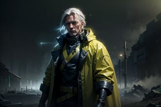 cowboy shot of man in yellow navy, long grey hair, thick green fog, raincoat , wasteland , plastic gloves, particles, green fog,cyberpunk 