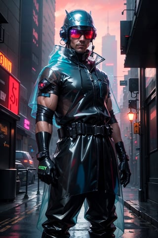 cowboy shot of 1 man , garbage bag transparent poncho, cyberpunk  London street , transparent garbage bag on head , helmet, sunglasses ,latex stretch pants, latex pullover , rubber boots  , cyberpunk city, neon color light ,thick gloves ,cyberpunk, cinematic light, blue and red sky