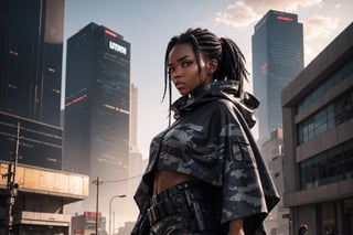 cowboy shot of 1 black girl , left side of view, augmentation  ,  black hair ,grey camo army pants, (black rubber poncho:1,5) , Perfect eyes , cyberpunk city, sunshine light , jamaïc ,cyberpunk, cinematic light, blue and red sky