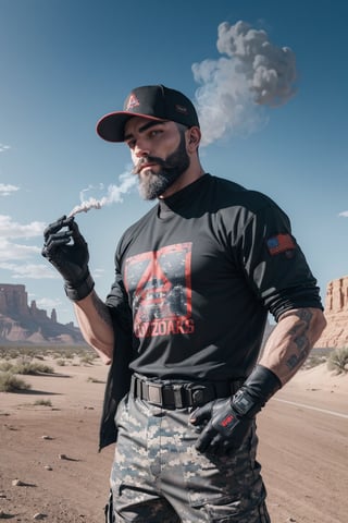 cowboy shot of 1 man , cyber cowboy ,  black shorthair, 2 day's bearded ,grey camo army pants, red baseball cap, military long t shirts grey camo, blue eyes , seaside , desert, thick gloves, Arizona ,cyberpunk, cinematic light, 
, smoke in sky ,