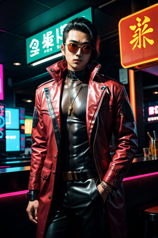  stunning asiatic male, corpo cyberpunk outfit, cyberpunk lounge background, stunning neon lights, sun glasses 