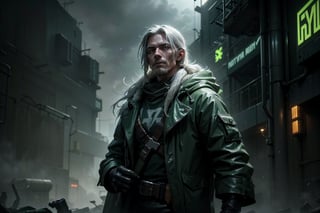 cowboy shot of man , mercenary , long grey hair, thick green fog, raincoat , wasteland , plastic gloves, particles, green fog,cyberpunk 