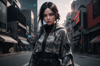 cowboy shot of 1 girl , augmentation  ,  black hair ,grey camo army pants, (black rubber poncho:1,5) , Perfect eyes , cyberpunk city, sunshine light , jamaïc ,cyberpunk, cinematic light, blue and red sky