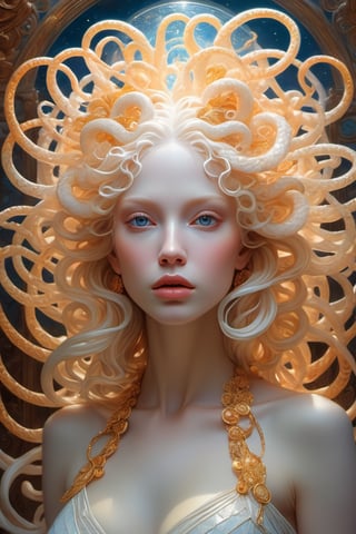 oil-painting, Cinematic, photorealistic of albino medusa, white eyes, vibrant colors, fantasy, warm tone, surreal, 8k resolution photorealistic masterpiece by Aaron Horkey and Jeremy Mann, professional photography, volumetric lighting maximalist photoillustration by marton bobzert, 8k resolution concept art intricately detailed, complex, elegant, expansive, fantastical, mythical clouds, centered image, ultra detailed illustration, posing, (tetradic colors), whimsical, enchanting, fairy tale, (ink lines:1.1), strong outlines, art by MSchiffer, bold traces, unframed, high contrast, (cel-shaded:1.1), vector, 32k resolution, best quality, flat colors, flat lights. Art and mathematics fusion, hyper detailed, trending at artstation, sharp focus, studio photography, intricate detail, highly detailed, centered, perfect symmetrical,