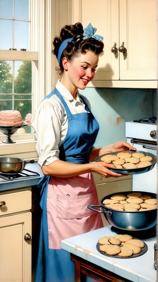 Norman Rockwell art, ultra detailed illustration in soft pastel colors, a beautiful and elegant housewife baking cookies, soft, cute smile, shabby chic livingroom environment, best quality, centered image, inspired by the 1950s ((flat colors)) ((low saturation)) pink, white, blue, vintage, by Rufino Tamayo’s, style of Jean Baptiste Monge, Thomas Kinkade, David Palumbo, Carne Griffiths, MASTERPIECE by Aaron Horkey and Jeremy Mann