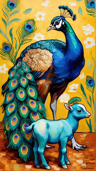 a peacock and a cute calf playing together, in style of Vincent van Gogh