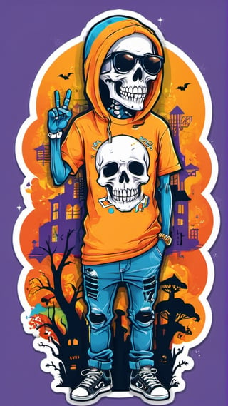 A skeletal figure with a t-shirt featuring a classic hip-hop logo, surrounded by a vibraprint ready vector t-shirt design, illustration kawaii skeleton celebrating halloween, side view, sticker, professional vector, high detail, t-shirt design, graffiti, vibrant,nt, urban landscape,Monster