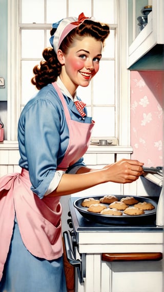 Norman Rockwell art, ultra detailed illustration in soft pastel colors, a beautiful and elegant housewife baking cookies, soft, cute smile, shabby chic livingroom environment, best quality, centered image, inspired by the 1950s ((flat colors)) ((low saturation)) pink, white, blue, vintage, by Rufino Tamayo’s