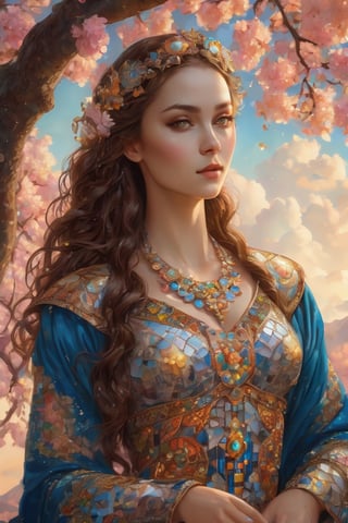 Intricate detailed picture of a beautiful girl wearing an super intricate dress with colorful mosaic tile embroidered in the frabric sitting under a magestic flowering magnolia tree, flowy  voluminous brown hair, refletive amber eyes, airbrushed, best quality, 8k, magical fantasy vibe, mountains scene background,  hyperdetailed face,  whimsical sky, soft amber glow,  yulia brodskaya style, gustav klimt style , close-up portrait 