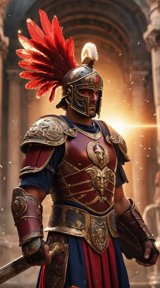 Picture a gladiator representing Genoa C.F.C., wearing dark red and navy armor with gold accents. His helmet, decorated with a plume of red and navy feathers, casts a soft glow. The armor features the club's emblem intricately woven into the design, illuminated by cinematic light. He wields a gladius with a red gem in the hilt, sparking with energy, and a shield embossed with Genoa's logo. His fierce red eyes are framed by lens flare. The backdrop includes a grand colosseum, with swirling particles and dust enhancing the dramatic atmosphere. Glare emphasizes the detailed textures of his armor, making him a powerful and imposing warrior.