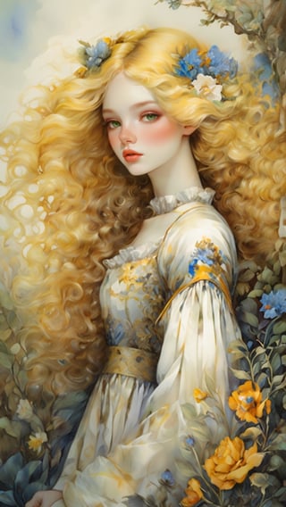 masterpiece, top quality, best quality, official art, beautiful and aesthetic:1.2), extreme detailed. 1 girl, long blonde hair, flowers and leaves entwined within her tresses, shades of white and yellow, wearing white top, ruffled detailing, embroidered pastel color floral chest motif, sleeves billowing at shoulders, tapering to wrists, hands clasped, soft and delicate aesthetic, intricate details in hair and clothing, light-hued background, subject focused, digital painting,more detail XL,watercolor \(medium\), in the style of esao andrews