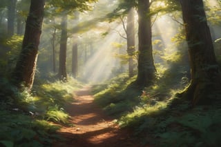 oil painting of Landscape painting, Visualize an ultra-photorealistic image of a dense forest bathed in the soft glow of sunlight filtering through the canopy. The image should capture the play of light and shadow on the foliage and forest floor, with rabbits and squirrels frolicking amidst the undergrowth. The forest should be teeming with life, the air filled with the sounds of rustling leaves and chirping birds. Use a high-resolution 32k camera with a 16:9 aspect ratio, a raw style, and a quality setting