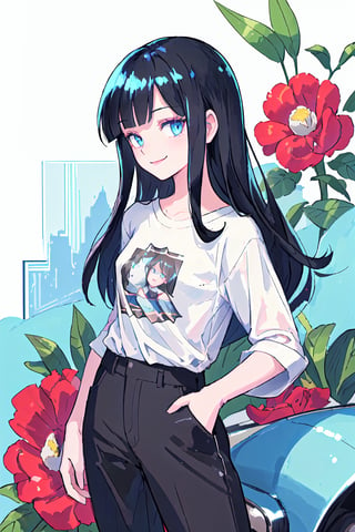 (best quality:1.2), (hyper detailed)
blue eyes, black hair, long hair,(parted bangs:1.2),(slicked back:0.8), smile,

(the shirt with "hello" written:1.2) ,alice_margatroid,fringe, (earlyteen:1.2),overhead shot angle,standing,(masterpiece), (best quality), (shiny skin:1.2), curious face, straight hair, pants, t-shirt,