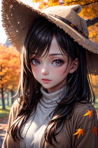 (masterpiece, best quality), 1girl, Cozy Autumn themed Walk, nature walk, Autumn day, flora, dept of filed, half body, close up shotbeautiful lighting, Autumn colors, Autumn elements, 
