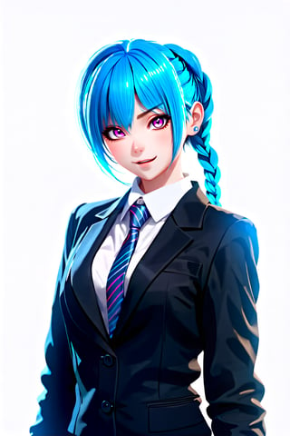 jinx, girl, white background, office style, full face, looking at the viewer, blue hair braided, pink eyes, two-piece suit, black jacket, shirt, tie,realistic, high quality