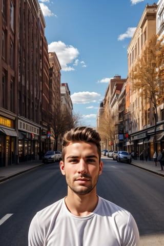 realistic, detailed, best quality, masterpiece, 1 boy, RAW portrait of a man posing for a photo in the middle of a city street, city, centered, facing viewers, day, day time, blue sky, clouds, natural lighting, festive atmosphere, intricate details, detailed background, signs, lights, billboards, ,