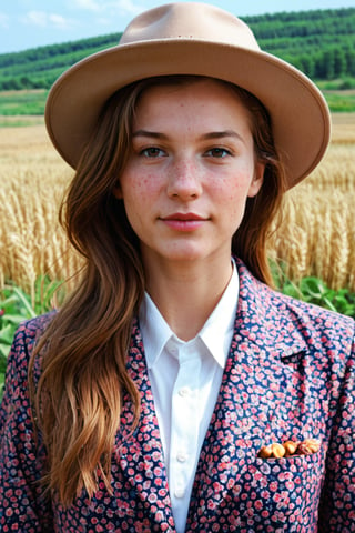 girl in a hat, in a dress Russian patterns, freckles, cornfield, nature background, beautiful landscape, retro style, fashion, magazine cover, professional quality, aesthetics, gentle, beautiful, realism,high detail,high quality, 64k, high resolution, professional photo