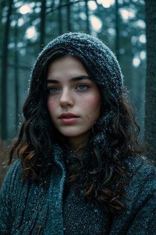 A portrait of a girl, wavy hair, black hair, Green eyes, standing in a forest in winter, warm clothes, looking at viewer, snow flakes,, freckles, pale skin, realistic, photo, golden hour, cinematic lighting, celluloid film skintone color style, earthy colors, blue colors