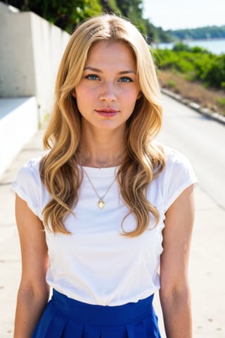 Realistic photo of a beautiful h4nn4hk woman, 1girl, solo, long hair, looking at viewer, blue eyes, skirt, blonde hair, jewelry, day, necklace, bracelet, lips, realistic, professional Photography, Photorealistic, detailed, RAW, analog, sharp focus, high quality, film grain