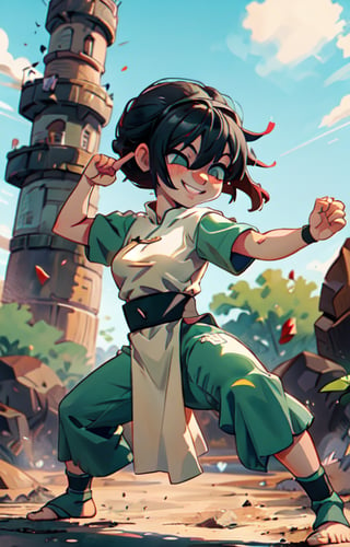 anime, full body:1.5,1girl, (shortstack), chinese clothes, short sleeves, pelvic curtain, revealing clothing, curvy, huge breasts, wide hips, thick thighs, looking to viewer, ((martial arts pose)), solo, (masterpiece:1.4), (best quality:1.4), smiling, dramatic shadows, extremely_beautiful_detailed_anime_face_and_eyes, an extremely delicate and beautiful, dynamic angle, cinematic camera, dynamic pose, depth of field, backlighting, Watercolor, Ink, epic, cute, happy, vibrant, colorful, nature, black hair, long bangs, (single hair bun), ((hair over eyes)), (shortstack), short hair